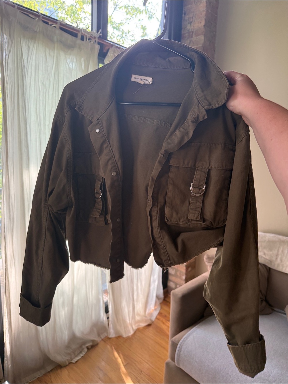 Good American Cropped Olive Utility Jacket with D-Ring Pockets